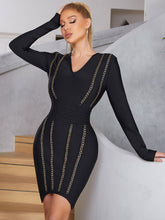V Neck Long Sleeve Mini Chain Bandage Dress